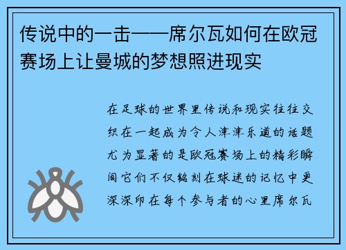 传说中的一击——席尔瓦如何在欧冠赛场上让曼城的梦想照进现实