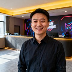 张磊，杭州极速电竞酒店负责人，穿着深色衬衫站在前台区域，面带微笑